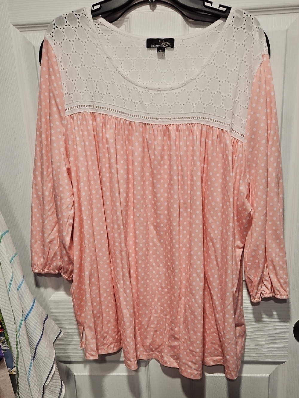Suzanne Betro Soft Pink Polka Dot Tunic with White Lace Yoke